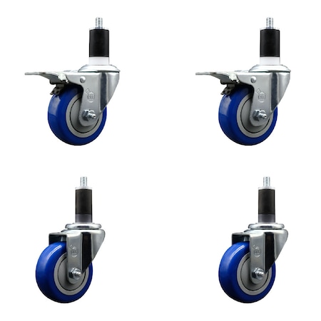 Service Caster 3.5'' Blue Poly Swivel 1-1/4'' Expanding Stem Caster Set 2 Total Lock Brakes, 4PK SCC-EXTTL20S3514-PPUB-BLUE-2-S-2-114